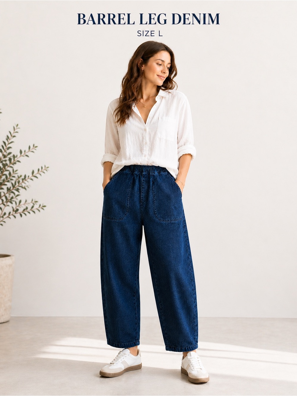 Barrel Leg Denim Pants High Rise Pull On Elastic Waist Utility Jeans Size L - Picture 2 of 8